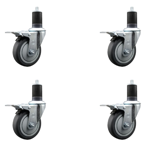 4'' Thermoplastic Rubber Swivel 1-5/8'' Expanding Stem Caster Set Total Lock Brake, 4PK